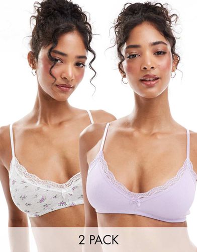 Confezione da 2 brassière lilla a coste e con stampa a fiorellini con finiture in pizzo - ASOS DESIGN - Modalova