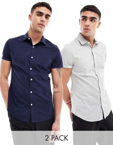 Confezione da 2 camicie elasticizzate slim fit blu navy e grigia - ASOS DESIGN - Modalova