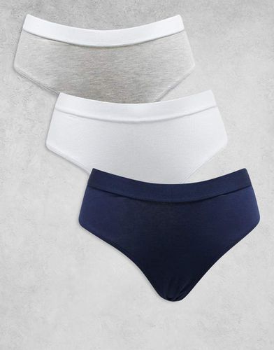 Confezione da 3 brasiliane a vita alta in cotone con elastico in vita blu navy, grigio e bianco - ASOS DESIGN - Modalova