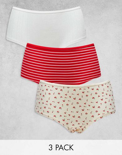 Confezione da 3 culotte a vita bassa rosse a righe, bianche traforate e con stampa di ciliegie - ASOS DESIGN - Modalova