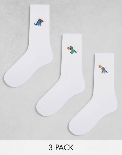 Confezione da 3 paia di calzini bianchi con dinosauri ricamati - ASOS DESIGN - Modalova