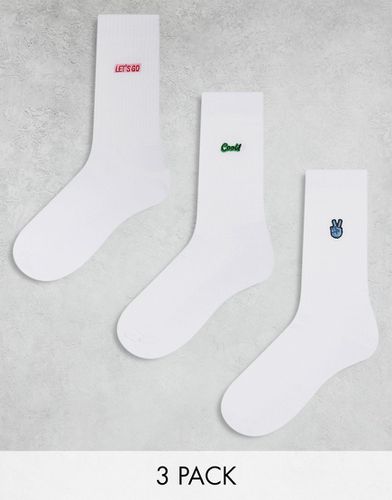Confezione da 3 paia di calzini bianchi con ricamo "Let's Go", "Cool" e segno della pace - ASOS DESIGN - Modalova