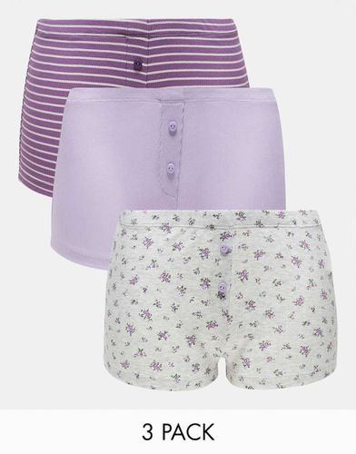 Confezione da 3 paia di boxer con stampa a fiorellini, viola a righe e lilla a coste - ASOS DESIGN - Modalova