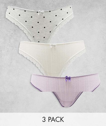 Confezione da 3 paia di slip grigi a pois, bianchi e lilla traforati con finiture in pizzo - ASOS DESIGN - Modalova