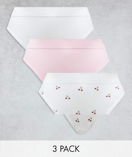 Confezione da 3 slip a coste bianco, rosa pallido e con stampa di ciliegie - ASOS DESIGN - Modalova