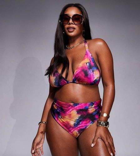 ASOS DESIGN Curve - Arina - Bas de bikini échancré à taille haute et imprimé abstrait - Rose - Asos Curve - Modalova