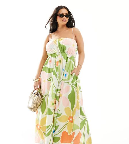 ASOS DESIGN Curve - Prendisole lungo con bustino arricciato e spalline regolabili con stampa astratta a fiori vivace - ASOS Curve - Modalova