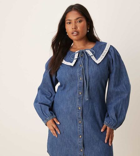 ASOS DESIGN Curve - Robe courte en jean à manches longues avec col oversize - moyen délavé - Asos Curve - Modalova