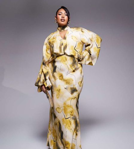 ASOS DESIGN Curve - Robe longue à imprimé abstrait et manches blousantes avec décolleté plongeant et col montant - Vert - Asos Curve - Modalova