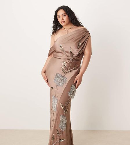 ASOS DESIGN Curve - Robe longue en mousseline et satin ornée de fleurs - Moka - Asos Curve - Modalova