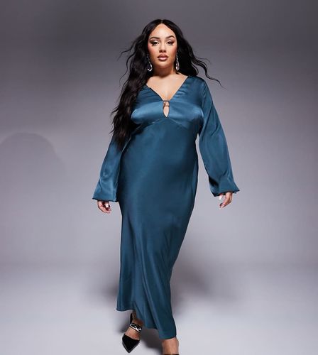 ASOS DESIGN Curve - Robe longueur mollet en satin avec manches blouson et col en V - Sarcelle foncé - Asos Curve - Modalova