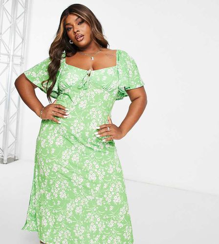 ASOS DESIGN Curve - Vestito da giorno midi verde a fiori con allacciatura e maniche con volant - ASOS Curve - Modalova