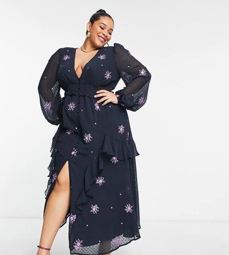 ASOS DESIGN Curve - Vestito da giorno midi grigio antracite e viola con motivo ricamato, vita arricciata e bottoni - ASOS Curve - Modalova