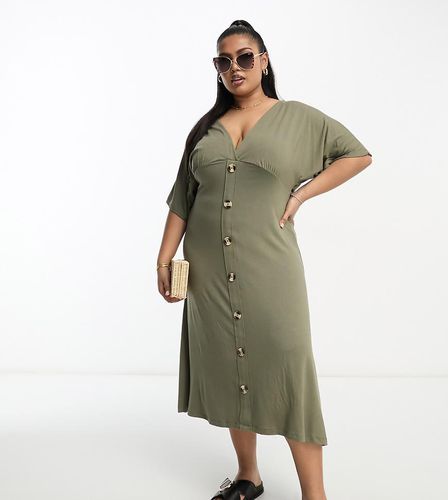 ASOS DESIGN Curve - Vestito da giorno midi kaki con bottoni e maniche con volant - ASOS Curve - Modalova