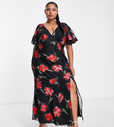 ASOS DESIGN Curve - Vestito lungo con maniche a campana e cut-out sul retro con stampa di rose jacquard - ASOS Curve - Modalova