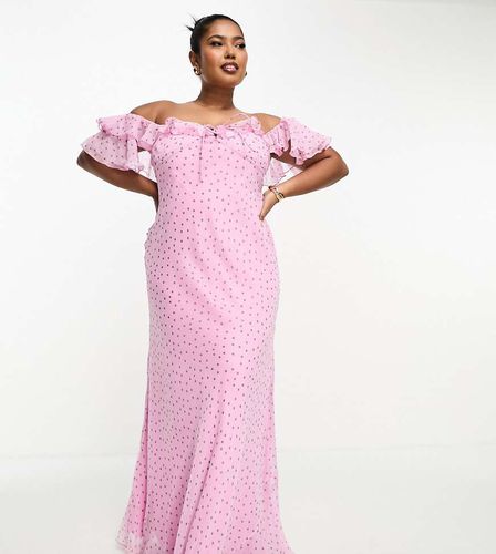 ASOS DESIGN Curve - Vestito lungo milkmaid con scollo Bardot rosa a pois - ASOS Curve - Modalova