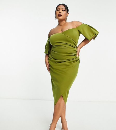ASOS DESIGN Curve - Vestito midi color oliva con scollo a cuore alla Bardot - ASOS Curve - Modalova