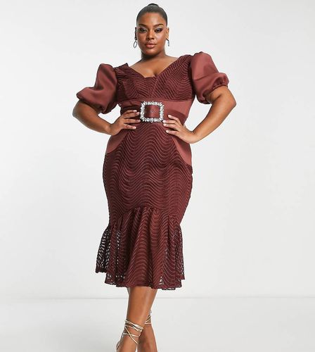 ASOS DESIGN Curve - Vestito midi con maniche a sbuffo e cintura con strass in pizzo arricciato color cioccolato - ASOS Curve - Modalova