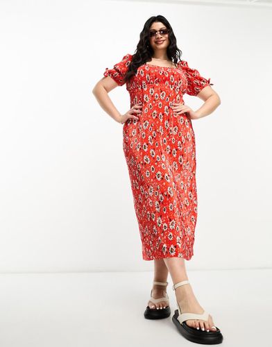 ASOS DESIGN Curve - Vestito midi plissé con scollo squadrato e maniche a sbuffo a fiori - ASOS Curve - Modalova