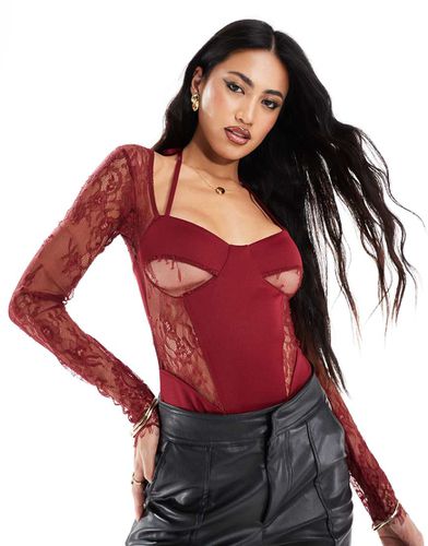 Body bordeaux a corsetto con inserti in pizzo e coprispalle - ASOS DESIGN - Modalova