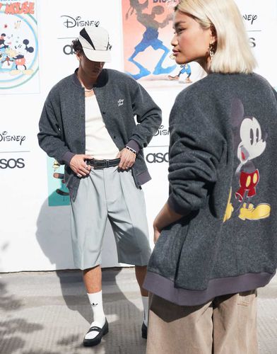 Disney - Giacca bomber oversize unisex in lana grigia con stampe di Topolino - ASOS DESIGN - Modalova