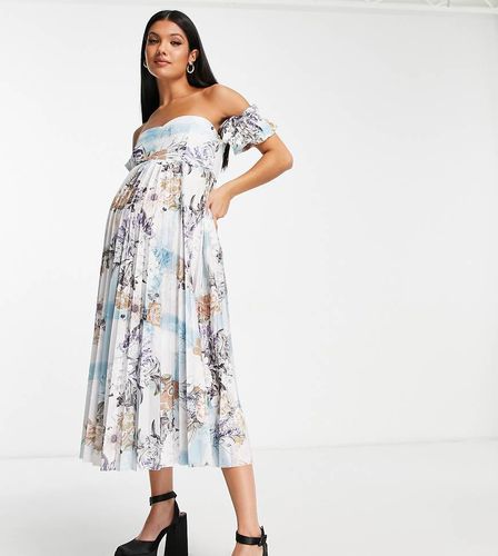 ASOS DESIGN Maternity - Vestito midi a pieghe con scollo bardot blu a fiori - ASOS Maternity - Modalova