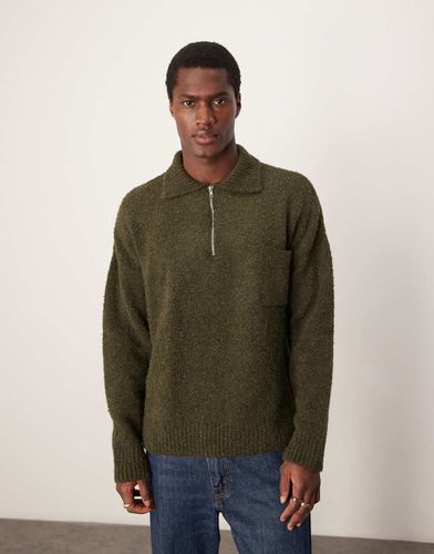 Maglione oversize squadrato stile polo in maglia bouclé kaki con tasca sul petto e zip corta - ASOS DESIGN - Modalova