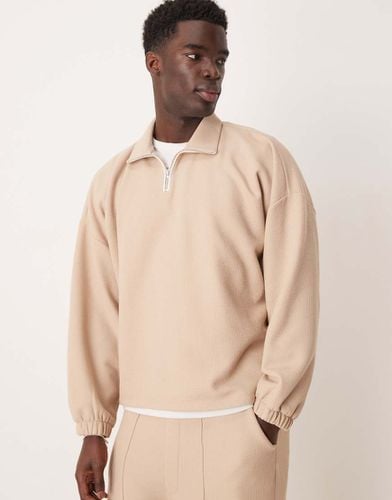 Maglione oversize stile polo con spalle scese in tessuto a nido d'ape spazzolato beige in coordinato - ASOS DESIGN - Modalova