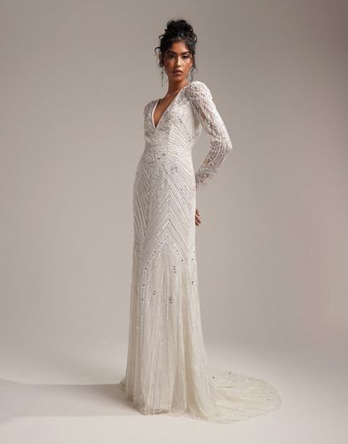 Millie - Vestito da sposa lungo a maniche lunghe color avorio con lavorazione vintage in paillettes e perline - ASOS DESIGN - Modalova