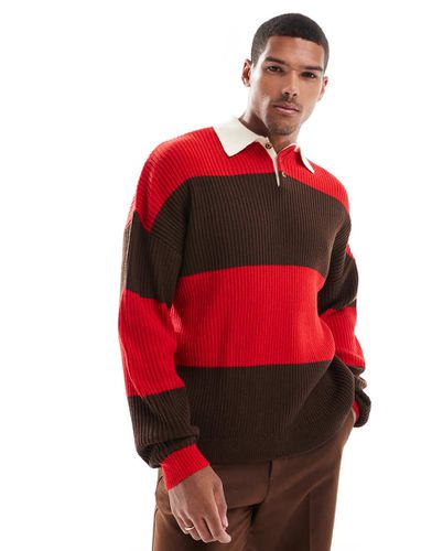 Polo comoda in maglia stile rugby rossa e marrone a righe - ASOS DESIGN - Modalova