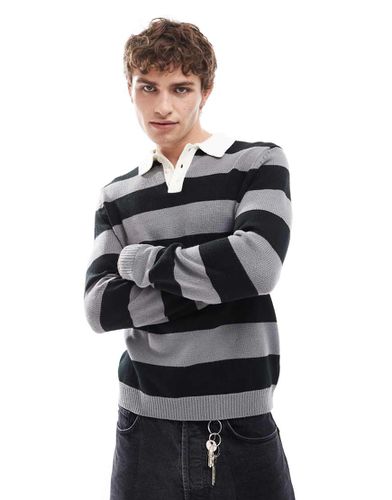 Polo stile rugby in maglia nera e grigia a righe - ASOS DESIGN - Modalova