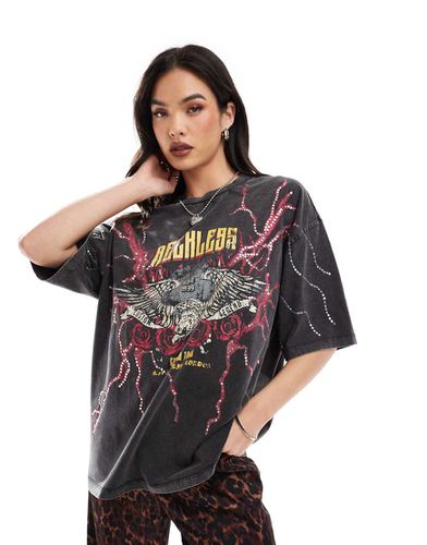 T-shirt boyfriend antracite slavato con stampa rock con paillettes - ASOS DESIGN - Modalova