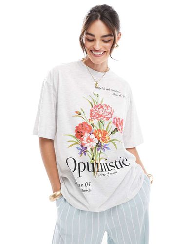 T-shirt oversize color ghiaccio mélange con stampa di fiori e scritta Optimistic - ASOS DESIGN - Modalova