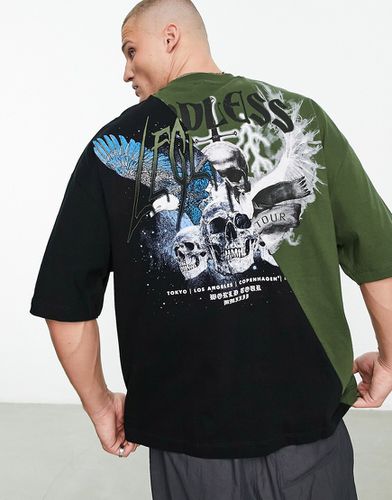 T-shirt oversize nera e kaki con stampa stile grunge sul retro - ASOS DESIGN - Modalova