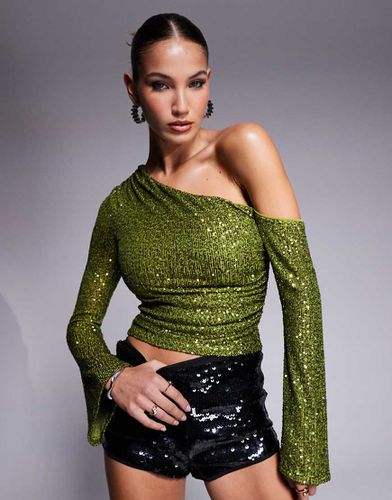 Top oliva arricciato con paillettes e scollo asimmetrico - ASOS DESIGN - Modalova