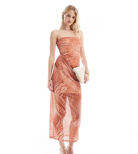 ASOS DESIGN Tall - Vestito midi a fascia con drappeggio in rete con stampa animalier arancione - ASOS Tall - Modalova