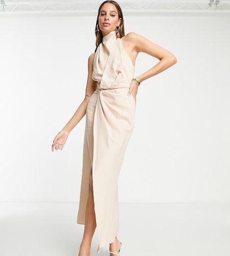 Tall - Vestito midi accollato con pieghe sul davanti in lino color pietra - ASOS DESIGN - Modalova