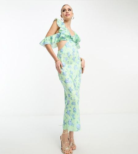 ASOS DESIGN Tall - Vestito in raso lime a fiori con gonna al polpaccio e maniche con volant multipli - ASOS Tall - Modalova