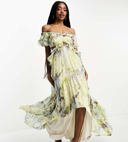 ASOS DESIGN Tall - Vestito lungo verde a fiori con spalle scoperte con volant, cut-out e fondo asimmetrico - ASOS Tall - Modalova