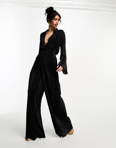 Tuta jumpsuit a camicia a maniche lunghe nera plissé - ASOS DESIGN - Modalova