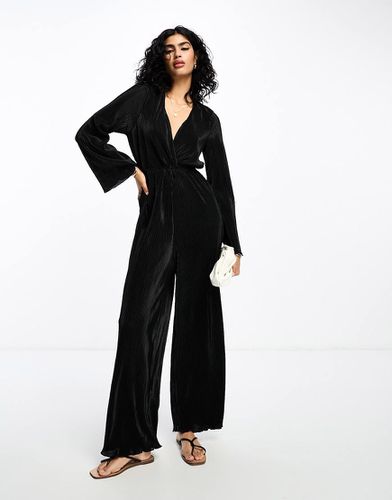 Tuta jumpsuit a camicia a maniche lunghe nera plissé - ASOS DESIGN - Modalova