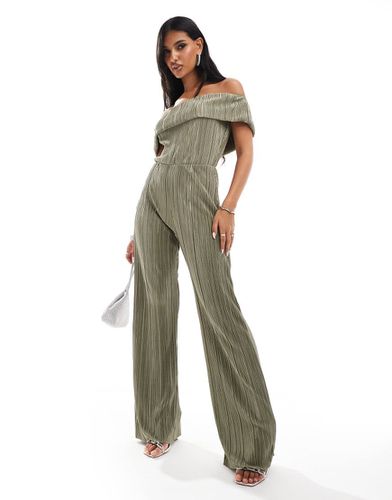 Tuta jumpsuit a fondo ampio kaki plissé con scollo alla Bardot - ASOS DESIGN - Modalova