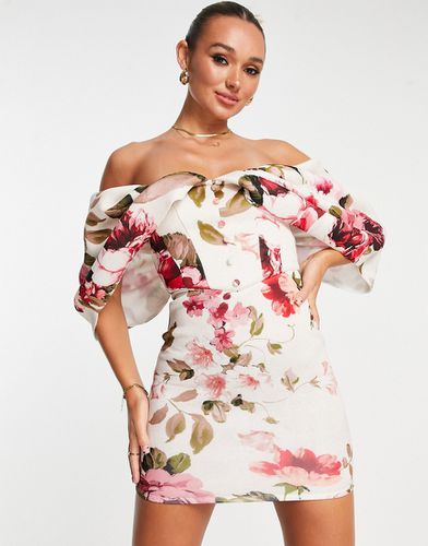 Vestito corto con corsetto e maniche drappeggiate a fiori rosa - ASOS DESIGN - Modalova
