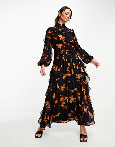 Vestito lungo a fiori arancione scuro con corpino arricciato, bottoni e volant - ASOS DESIGN - Modalova