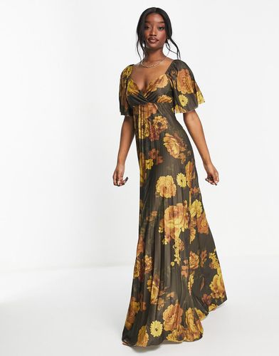 Vestito lungo a pieghe giallo senape a fiori con maniche ad alette e incrocio sul retro - ASOS DESIGN - Modalova