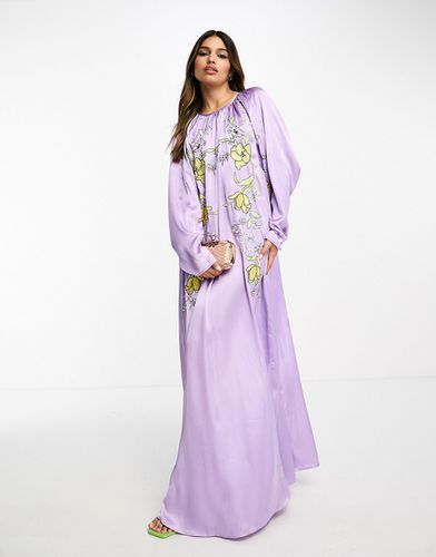 Vestito lungo al polpaccio in raso lilla con maniche voluminose e ricami - ASOS DESIGN - Modalova