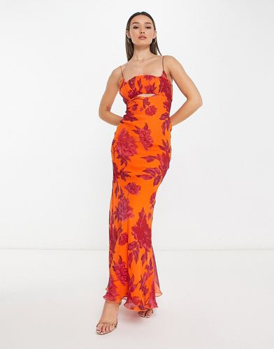 Vestito lungo arancione a fiori arricciato con taglio sbieco - ASOS DESIGN - Modalova