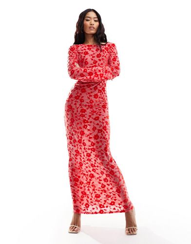 Vestito lungo in rete effetto dévoré color rosso trasparente con scollo profondo sul retro e maniche a pipistrello - ASOS DESIGN - Modalova