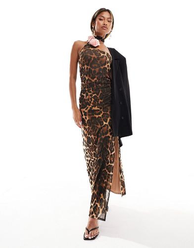 Vestito lungo in rete leopardata monospalla con fiore a contrasto - ASOS DESIGN - Modalova