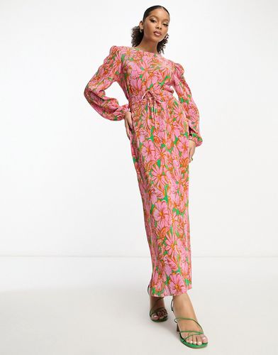 Vestito lungo plissé con dettaglio in vita verde e rosa a fiori - ASOS DESIGN - Modalova
